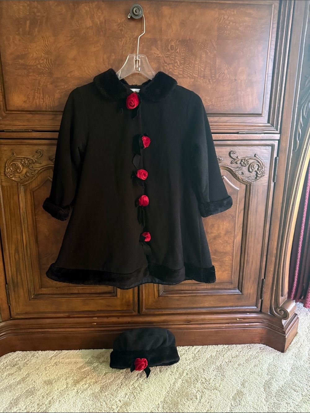 Girls Black Coat with Red Rose Accents - Kids Jackets & Coats with matching hat